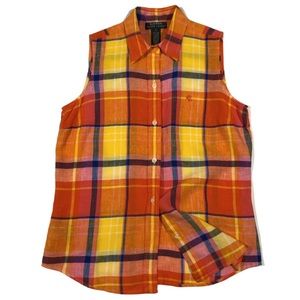 Lauren Ralph Lauren Linen Plaid Sleeveless Shirt S